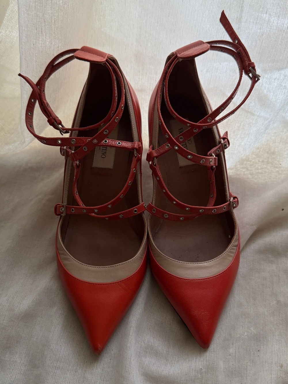 Valentino Red and Beige Pointed Toe Studded Ankle-Strap Heels
